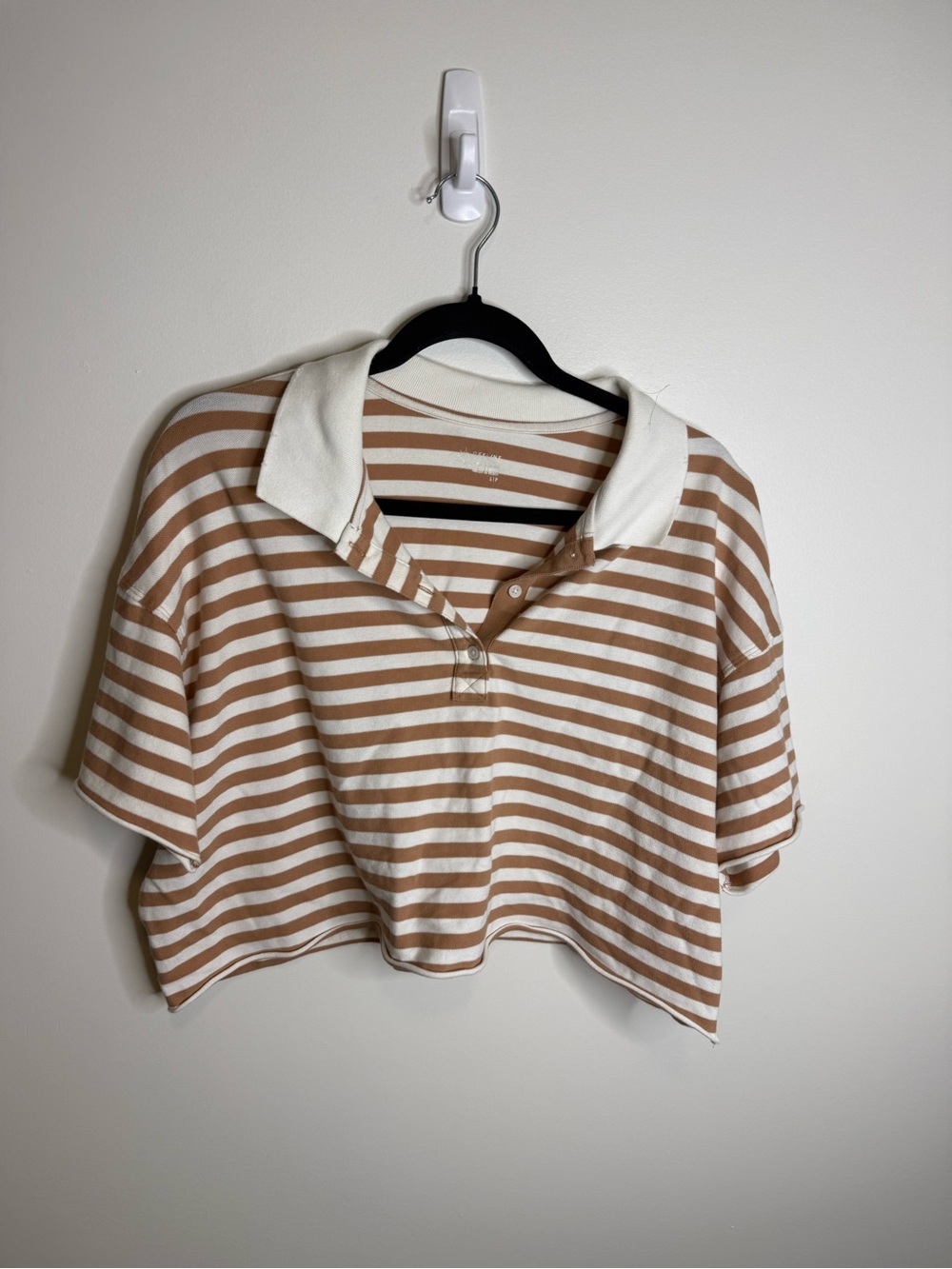 aerie Striped Cropped Polo in Tan and White size small